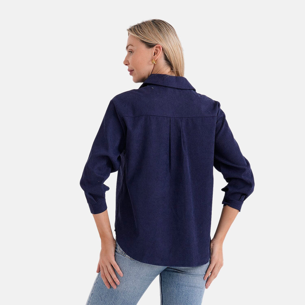 - Maisi Solid Color Relax-Fit Shirt (Size S) - Navy Blue