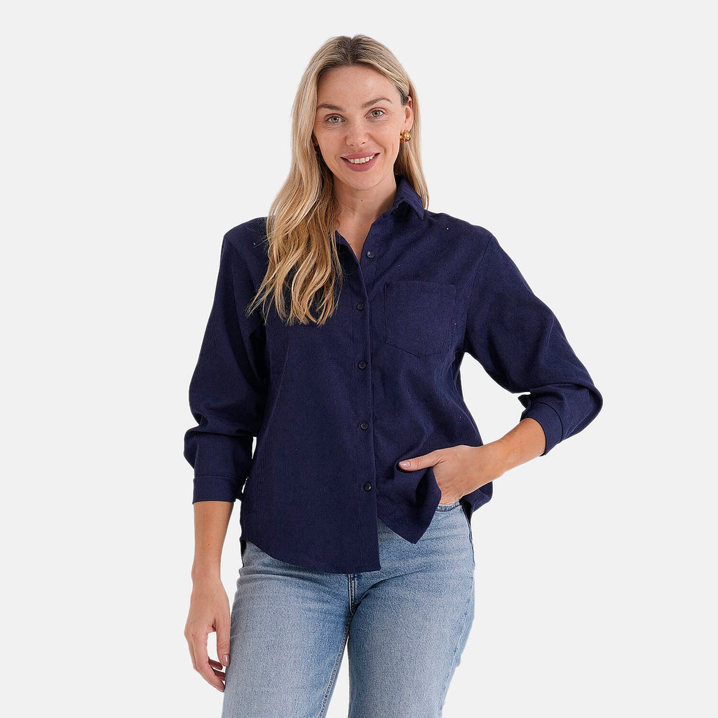 - Maisi Solid Color Relax-Fit Shirt (Size S) - Navy Blue