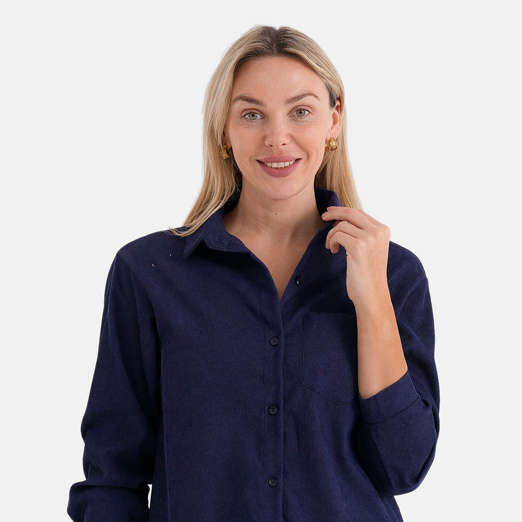 - Maisi Solid Color Relax-Fit Shirt (Size S) - Navy Blue
