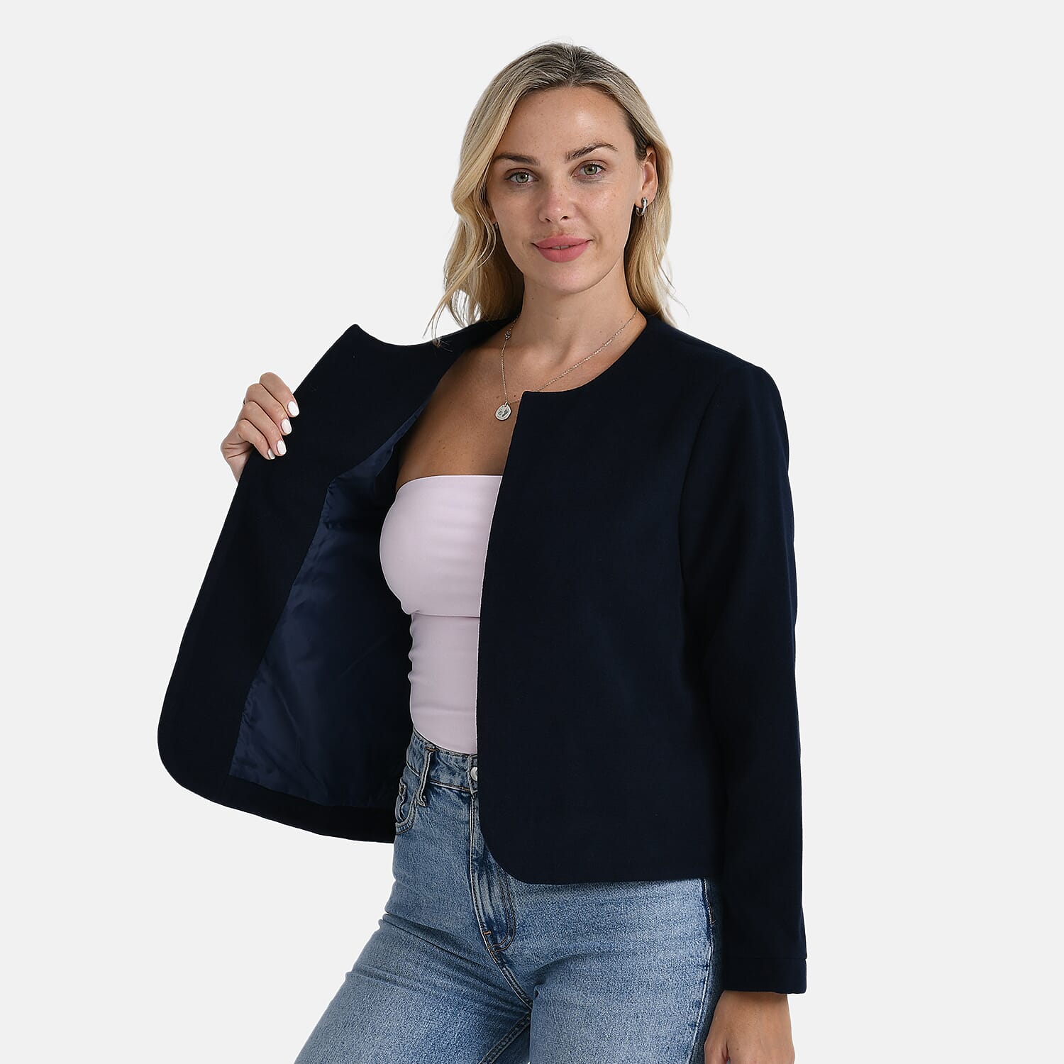 Starbuy- - Maisi Round-Neck Blazer (Size M) - Navy 8243776 5