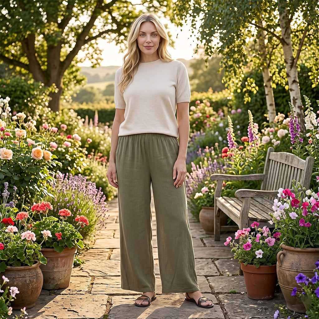 - Maisi Wide-Leg Trousers With Elasticated Waist (Size S) - Green