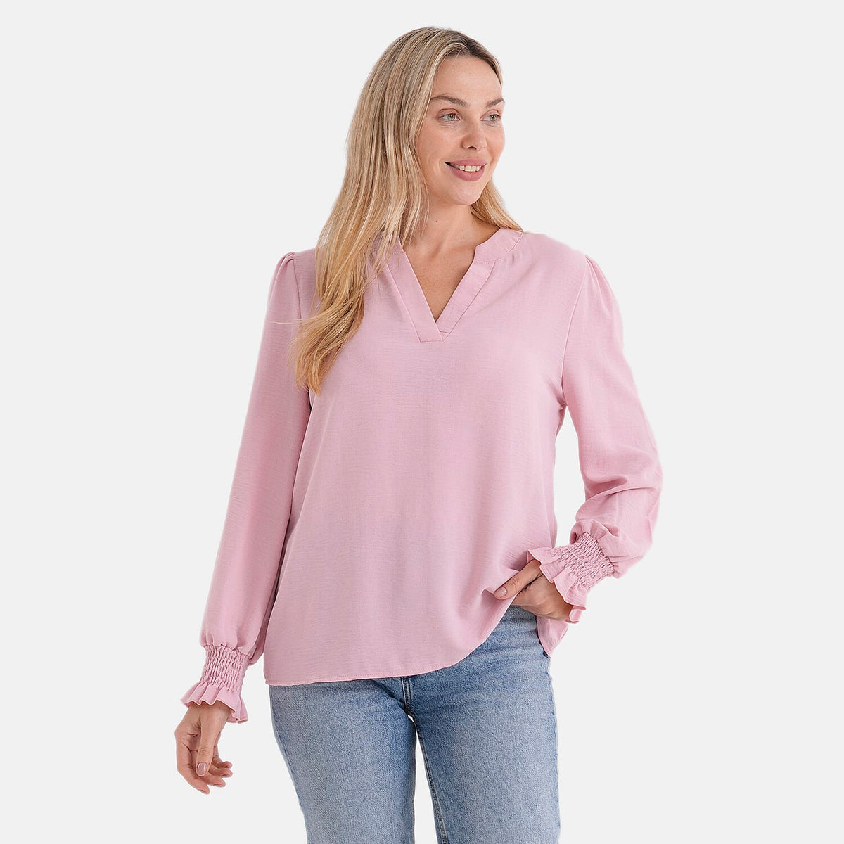 &amp; Maisi Long-Sleeve V-Neck Top with Smocked Cuffs (Size - M) - Pink V32612018 0