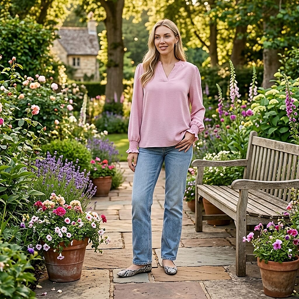 &amp; Maisi Long-Sleeve V-Neck Top with Smocked Cuffs (Size - M) - Pink V32612018 2