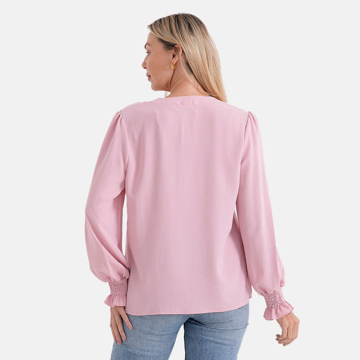 &amp; Maisi Long-Sleeve V-Neck Top with Smocked Cuffs (Size - M) - Pink V32612018 3