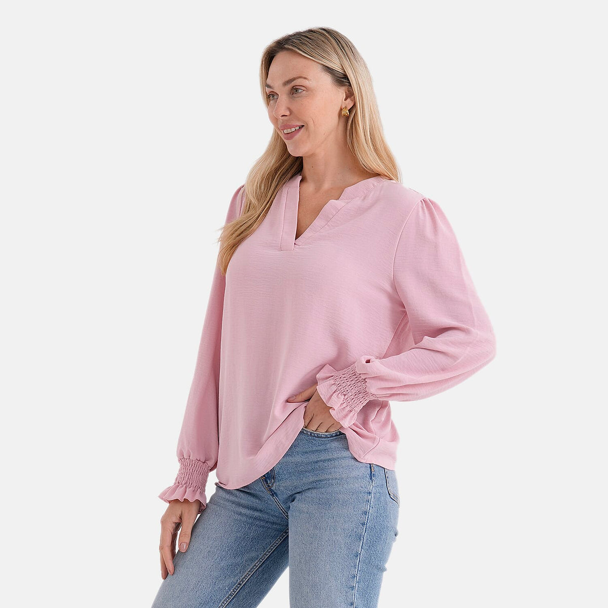 &amp; Maisi Long-Sleeve V-Neck Top with Smocked Cuffs (Size - M) - Pink V32612018 4