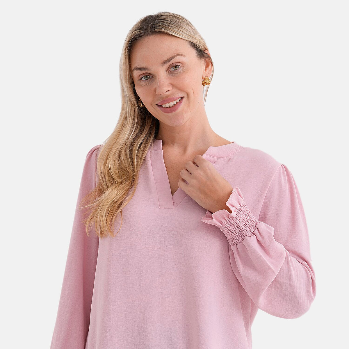 &amp; Maisi Long-Sleeve V-Neck Top with Smocked Cuffs (Size - M) - Pink V32612018 5