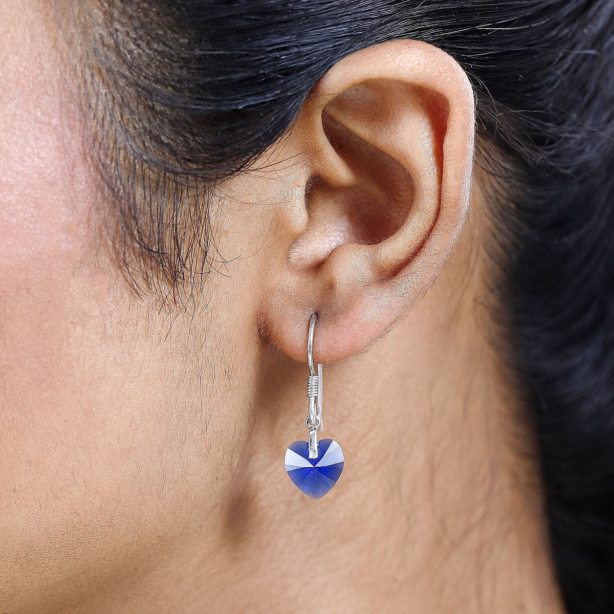 Majestic Blue Colour Austrian Crystal Heart Earrings in Platinum Overlay Sterling Silver 7708513 2
