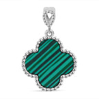 Designer Inspired Malachite Clover Pendant in Rhodium Overlay Sterling Silver