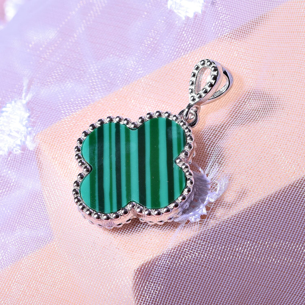 Designer Inspired Malachite Clover Pendant in Rhodium Overlay Sterling Silver