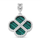 Designer Inspired Malachite Clover Pendant in Rhodium Overlay Sterling Silver