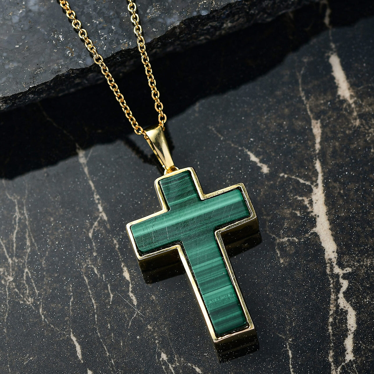 Malachite Cross Pendant with Chain (Size 20) in Yellow Gold Plated 21.82 Ct. 4419058 1