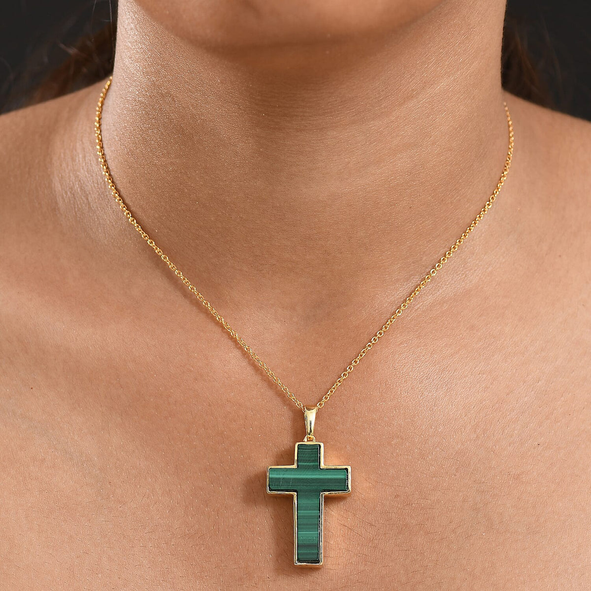 Malachite Cross Pendant with Chain (Size 20) in Yellow Gold Plated 21.82 Ct. 4419058 2