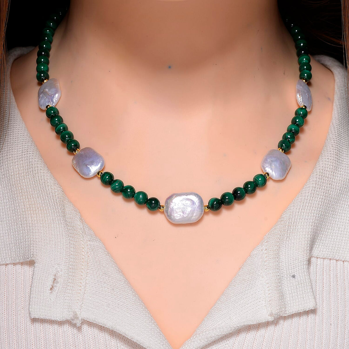 Natural Malachite &amp; White Shell Pearl Beads Necklace in Yellow Gold Plated Sterling Silver 170.00 Ct. 8233714 2