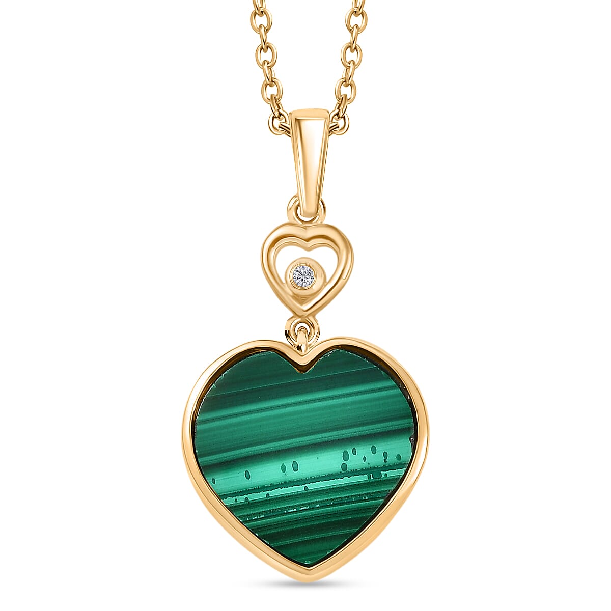 Designer Inspired - Malachite &amp; White Zircon Pendant with Chain (Size 20) in Yellow Gold Plated 14.21 Ct. 4416632 0