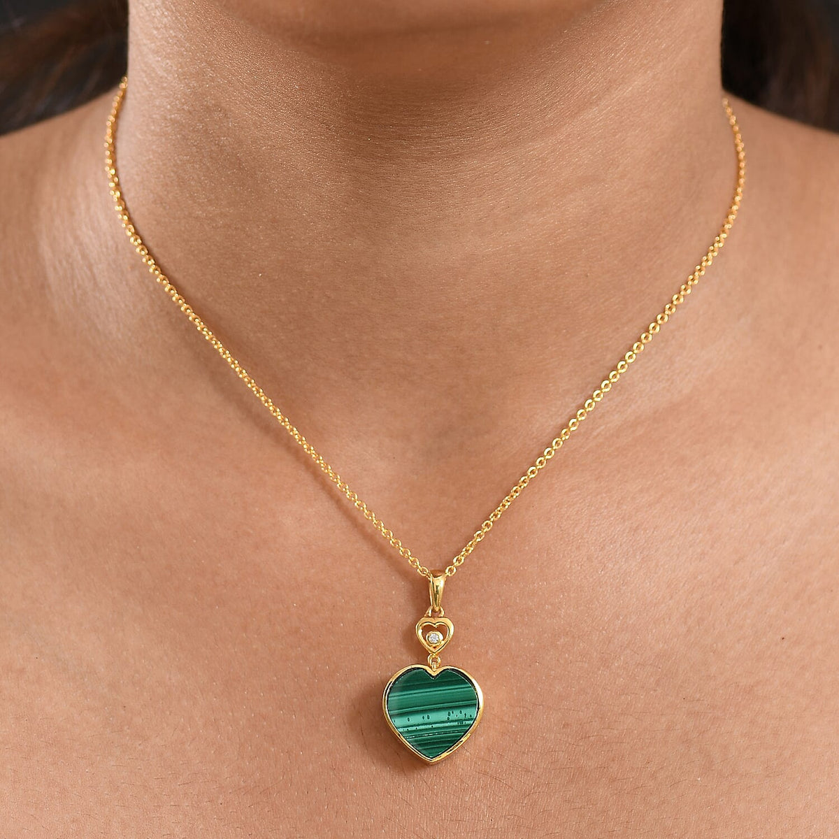 Designer Inspired - Malachite &amp; White Zircon Pendant with Chain (Size 20) in Yellow Gold Plated 14.21 Ct. 4416632 1