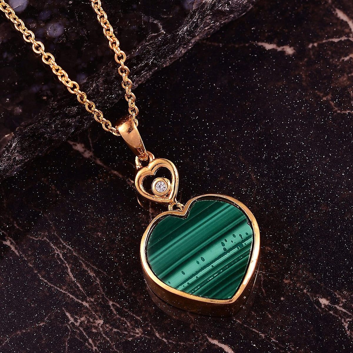 Designer Inspired - Malachite &amp; White Zircon Pendant with Chain (Size 20) in Yellow Gold Plated 14.21 Ct. 4416632 2