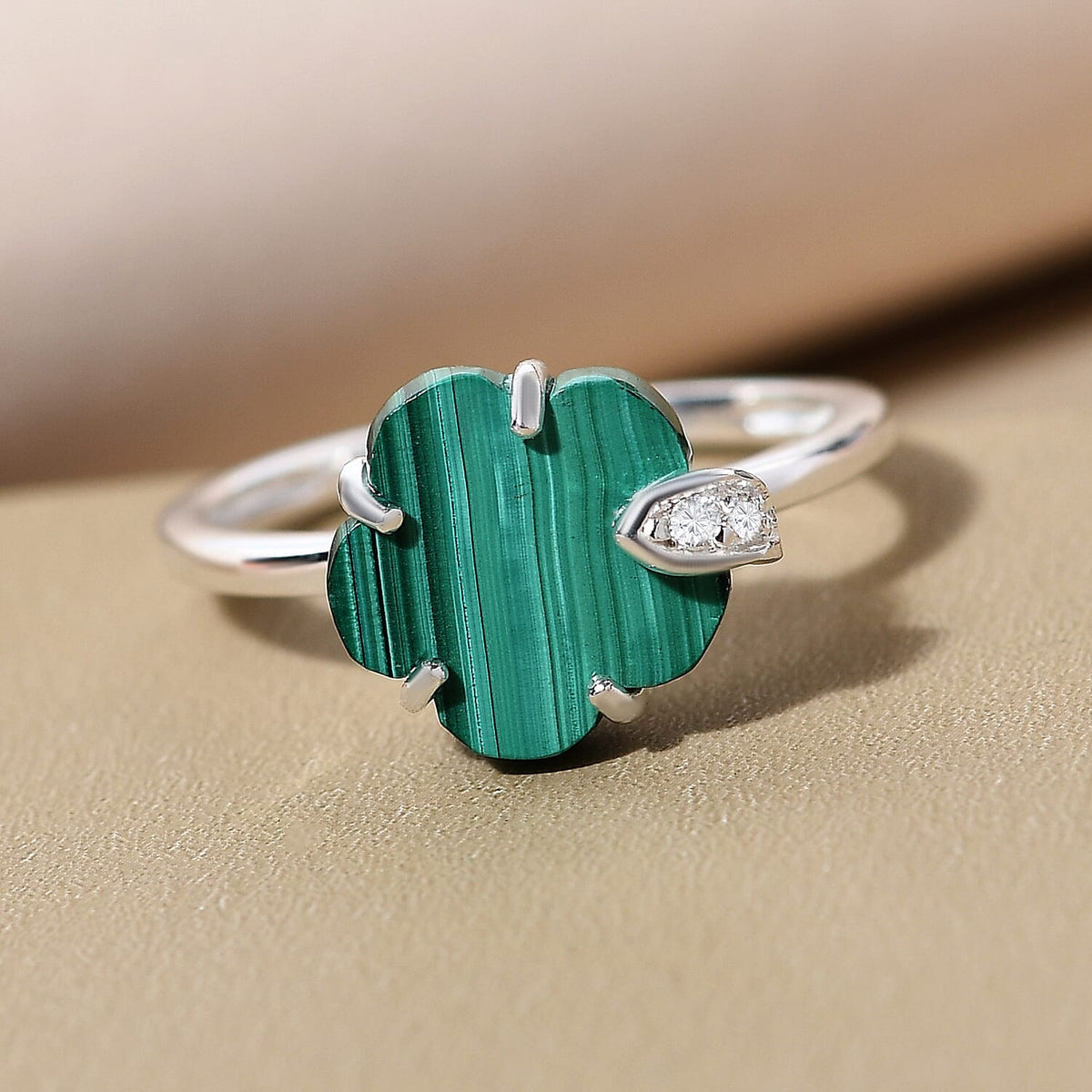 Malachite and Natural Cambodian Zircon Floral Ring in Sterling Silver 3.84 Ct. 7439679 2