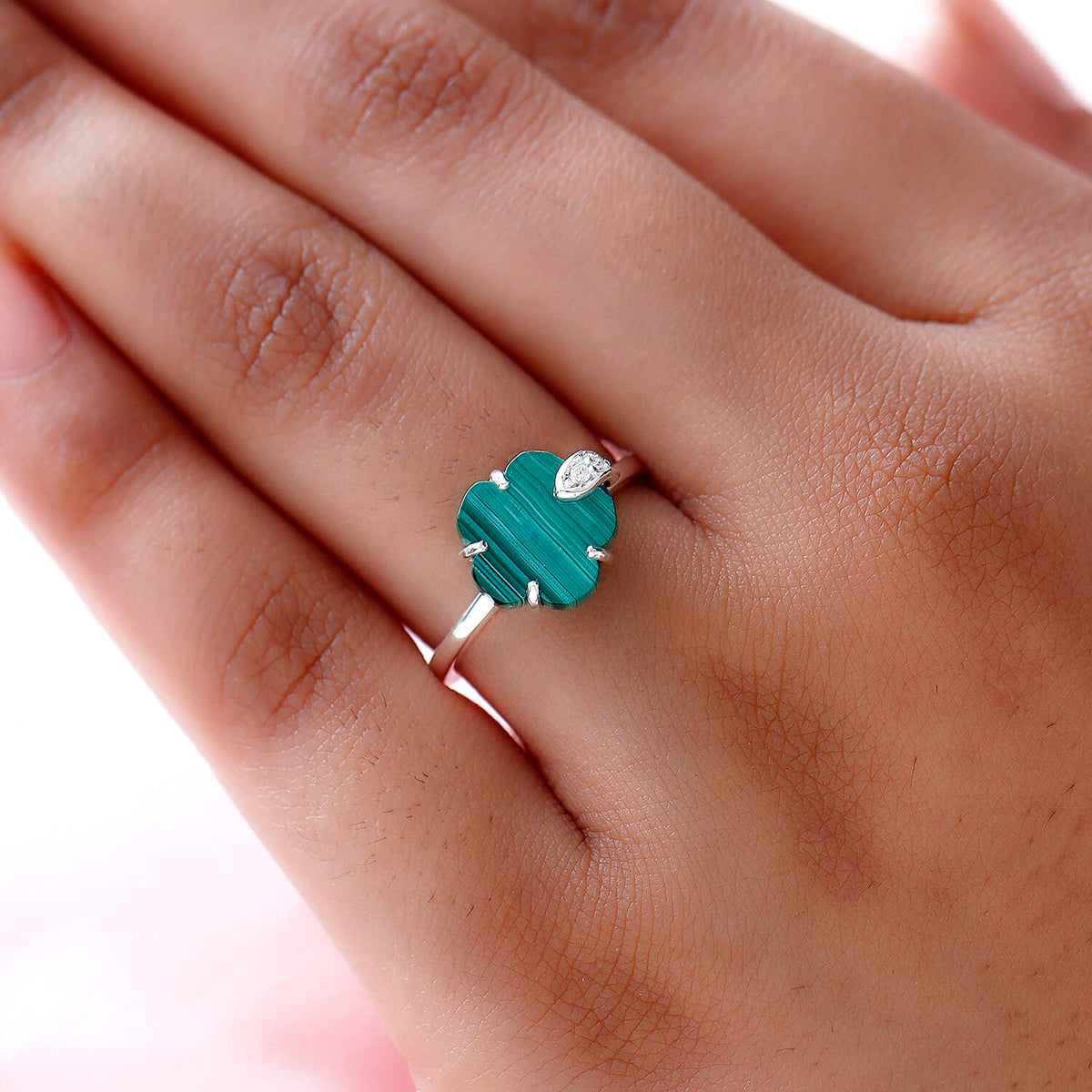 Malachite and Natural Cambodian Zircon Floral Ring in Sterling Silver 3.84 Ct. 7439679 3
