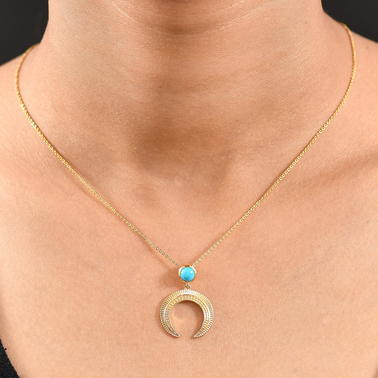 D'joy Sleeping Beauty Turquoise Crescent Moon Solitaire Pendant with Chain (Size 20) in Yellow Gold Plated Sterling Silver 0.51 4407765 2