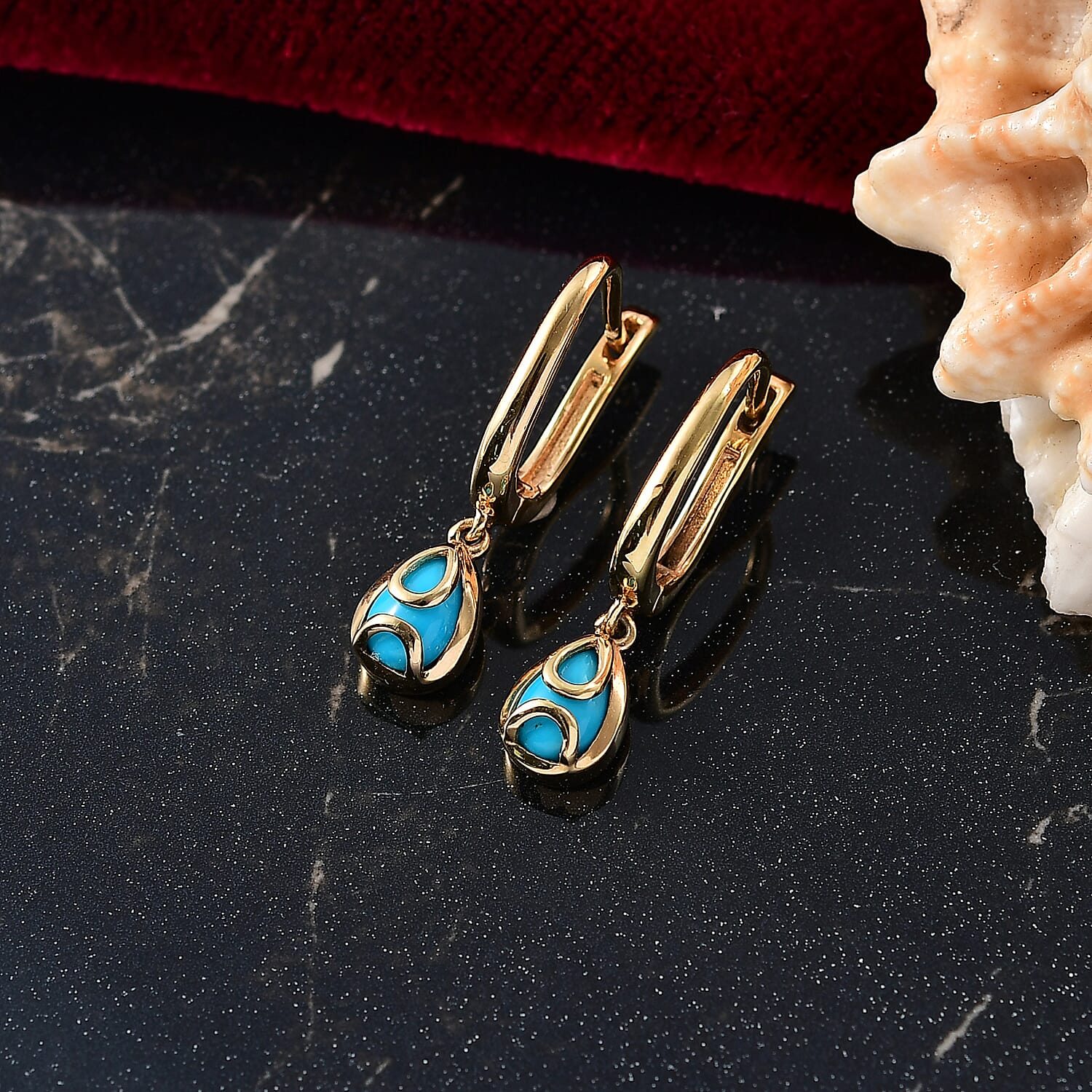D'joy Sleeping Beauty Turquoise Solitaire Drop Lever Back Earring in Yellow Gold Plated Sterling Silver 1.32 Ct. 8225486 2