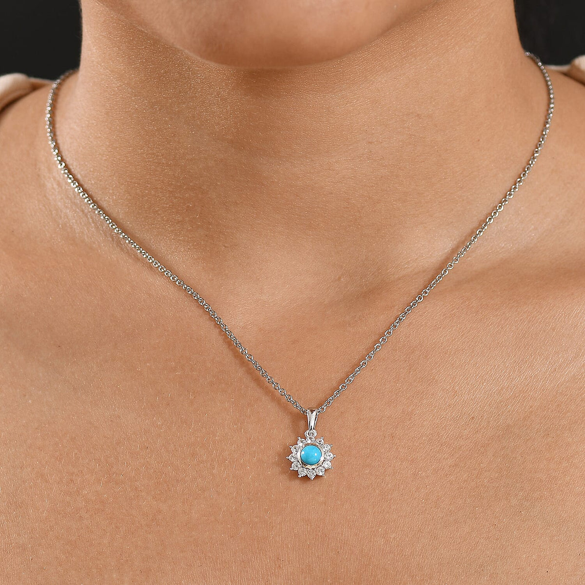 D'joy Sleeping Beauty Turquoise &amp; White Zircon Pendant with Chain (Size 20) in Platinum Overlay Sterling Silver 1.13 Ct. 4407762 2