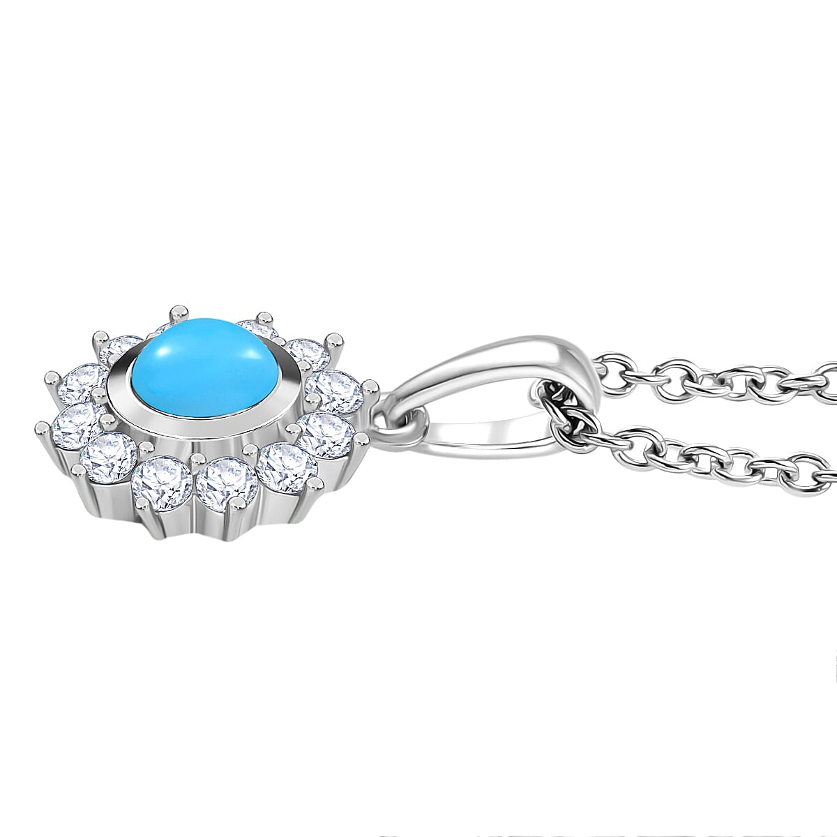 D'joy Sleeping Beauty Turquoise &amp; White Zircon Pendant with Chain (Size 20) in Platinum Overlay Sterling Silver 1.13 Ct. 4407762 4