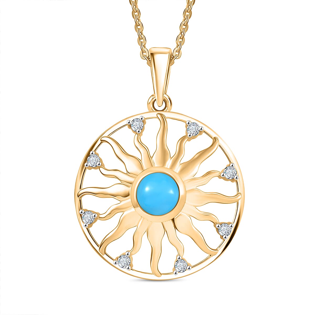 D'joy Sleeping Beauty Turquoise, White Zircon Sunburst Pendant with Chain (Size 20) in Yellow Gold Plated Sterling Silver 0.69 Ct. 4407768 0