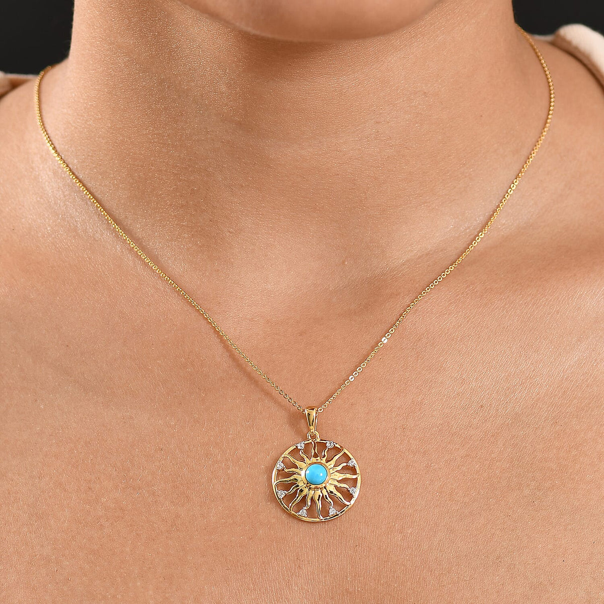 D'joy Sleeping Beauty Turquoise, White Zircon Sunburst Pendant with Chain (Size 20) in Yellow Gold Plated Sterling Silver 0.69 Ct. 4407768 2