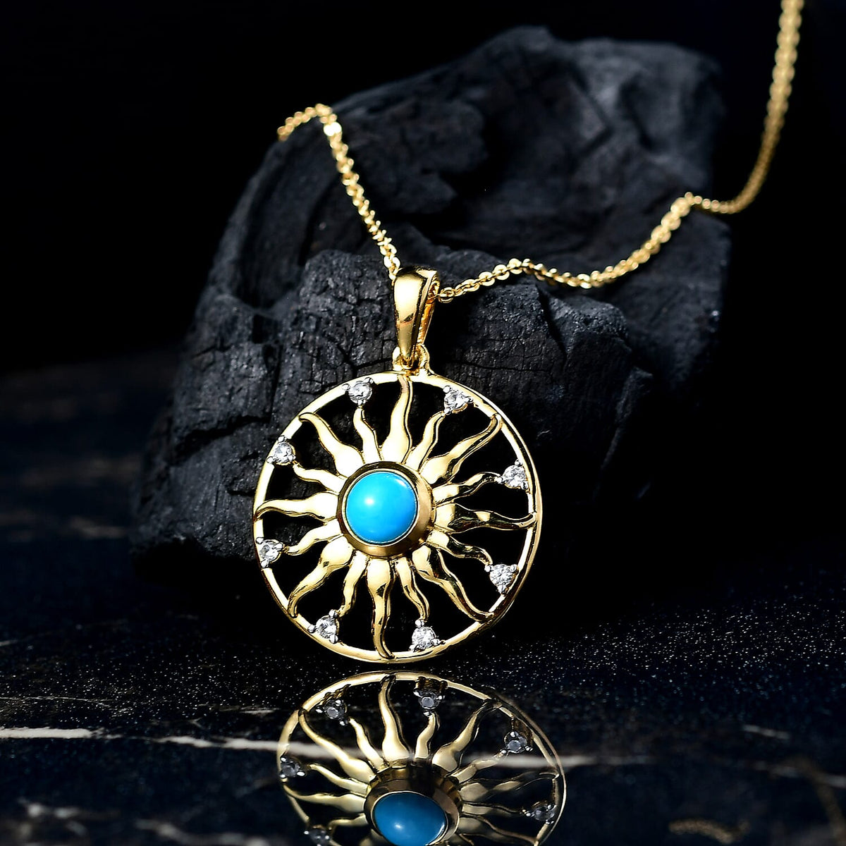 D'joy Sleeping Beauty Turquoise, White Zircon Sunburst Pendant with Chain (Size 20) in Yellow Gold Plated Sterling Silver 0.69 Ct. 4407768 3