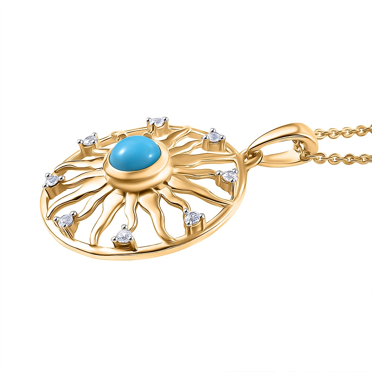 D'joy Sleeping Beauty Turquoise, White Zircon Sunburst Pendant with Chain (Size 20) in Yellow Gold Plated Sterling Silver 0.69 Ct. 4407768 4