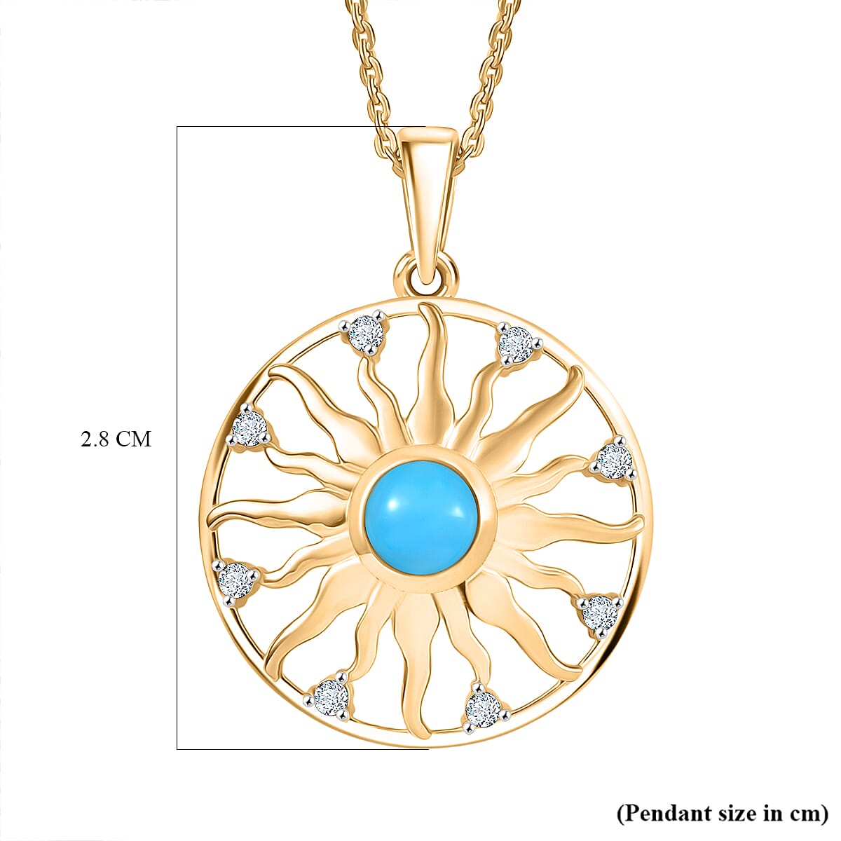 D'joy Sleeping Beauty Turquoise, White Zircon Sunburst Pendant with Chain (Size 20) in Yellow Gold Plated Sterling Silver 0.69 Ct. 4407768 7