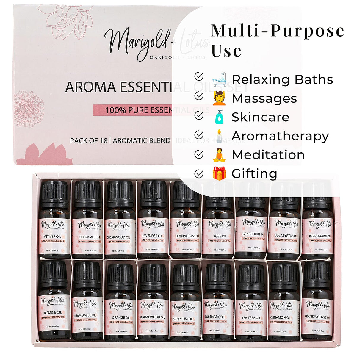 Marigold &amp; Lotus - Set of 18 Premium Aroma Essential Oils, Aromatic Blends - 10 Ml Each 8054153 6