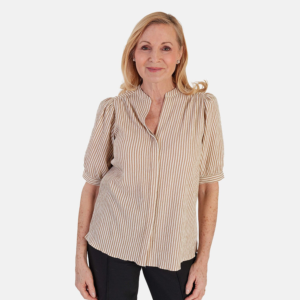 Marina Kaneva Striped V-Neck Line Blouse (Size 12) - Beige