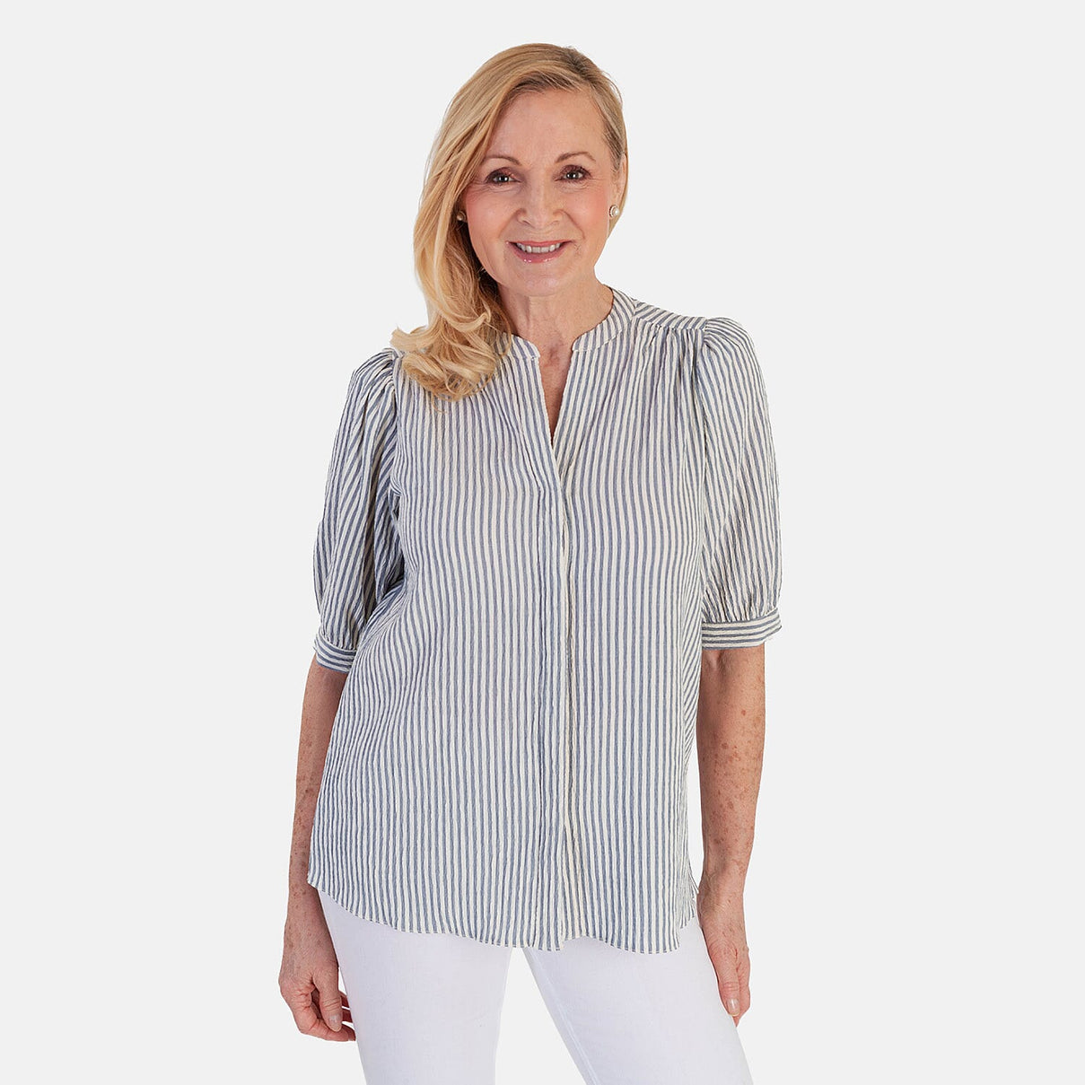 Marina Kaneva Striped V-Neck Line Blouse (Size 12) - Blue 8509868 0
