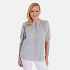 Marina Kaneva Striped V-Neck Line Blouse (Size 12) - Blue