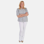 Marina Kaneva Striped V-Neck Line Blouse (Size 12) - Blue