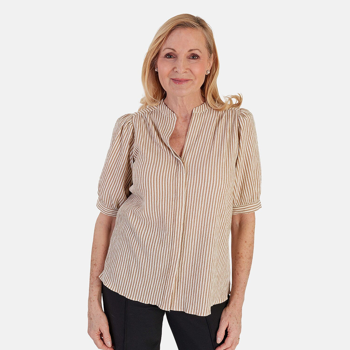 Marina Kaneva Striped V-Neck Line Blouse (Size 8) - Beige V32516429 0