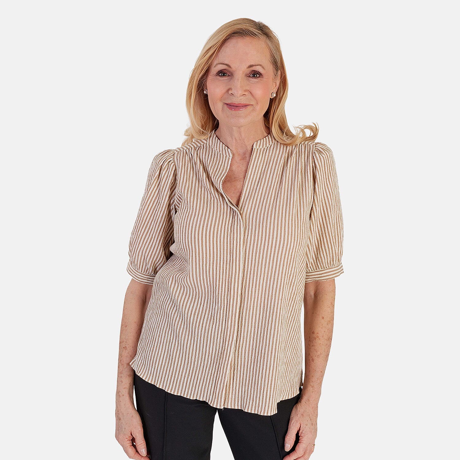 Marina Kaneva Striped V-Neck Line Blouse (Size 8) - Beige V32516429 0