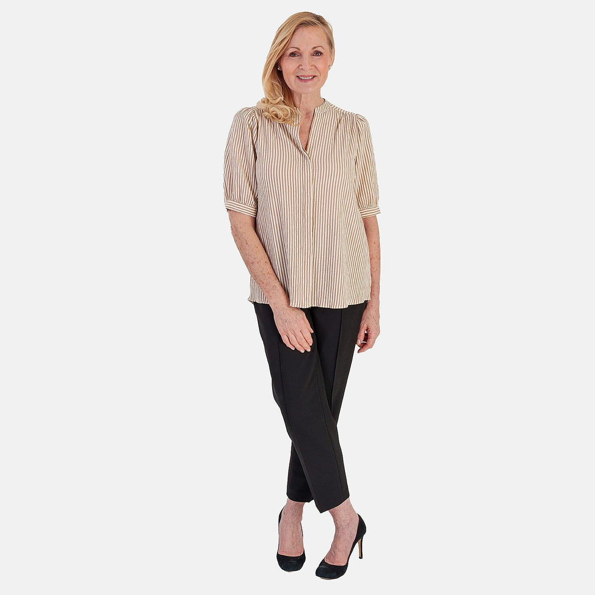 Marina Kaneva Striped V-Neck Line Blouse (Size 8) - Beige V32516429 1