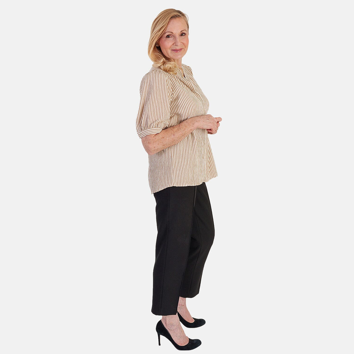 Marina Kaneva Striped V-Neck Line Blouse (Size 8) - Beige V32516429 2