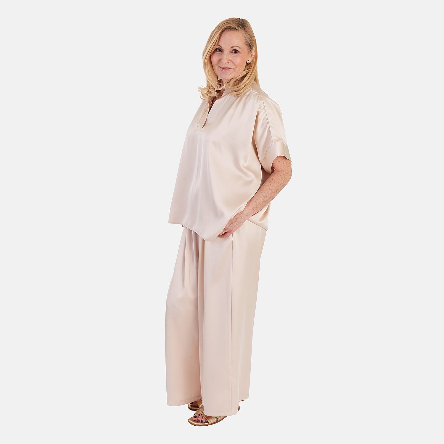 Marina Kaneva Elegant Matching Top With Wide Leg Trousers Set (One Size, 10-18) - Beige 8509922 0