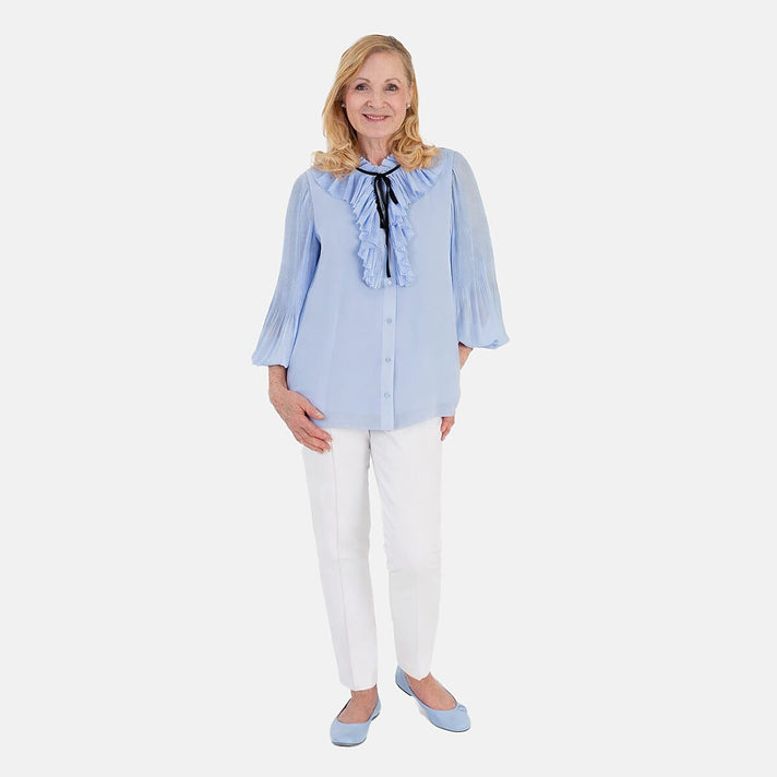 Marina Kaneva Ruffled Front Tie Neckline Blouse (Size - 8) - Light Blue 8509827 1