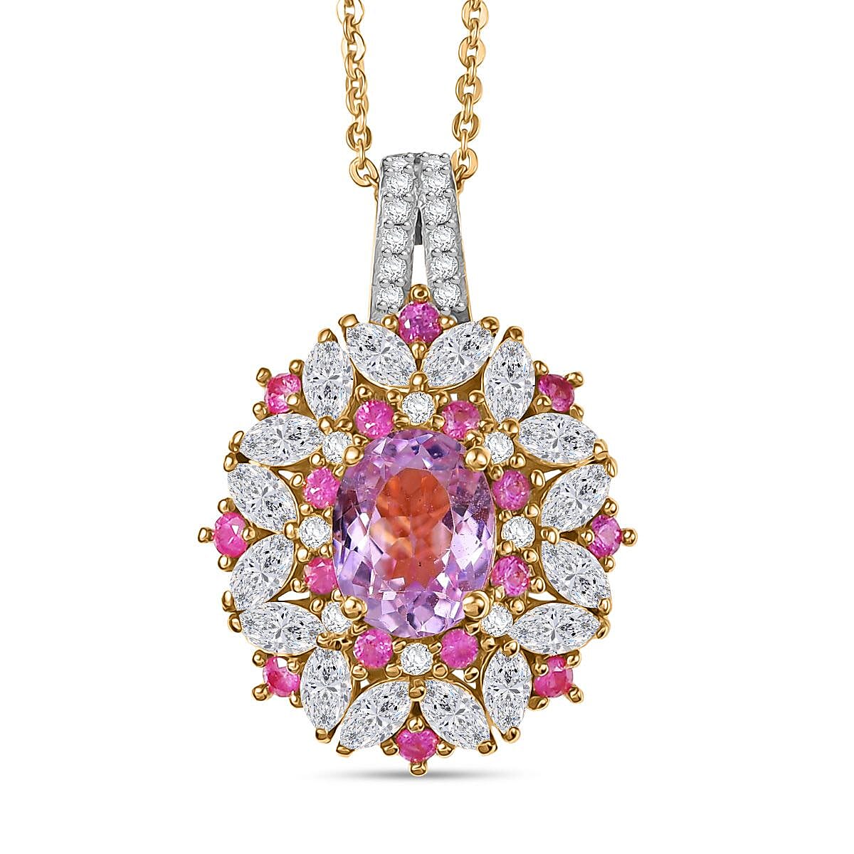 D'Joy Premium Martha Rocha Kunzite, Moissanite and Pink Sapphire Pendant with Chain (Size 20) in 18K Vermeil Yellow Gold Over Sterling Silver 3.34 Ct. 4394211 0
