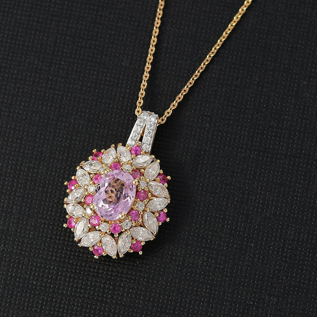 THE SUMMER NECKLACE OF 2025 - Premium Martha Rocha Kunzite, Moissanite & Pink Sapphire Pendant with Chain (Size 20) in 18K Vermeil Yellow Gold Plated Sterling Silver 3.34 Ct.