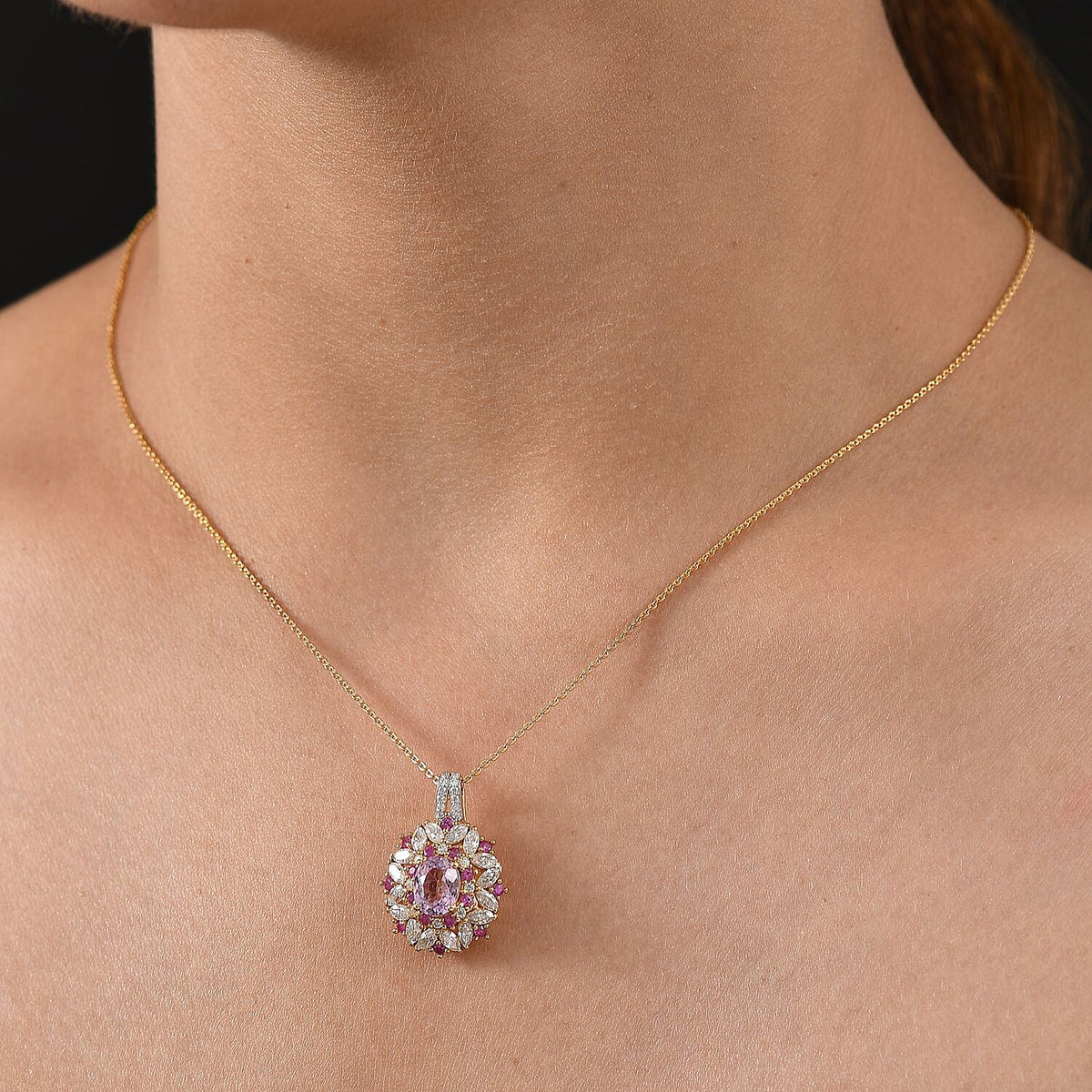 D'Joy Premium Martha Rocha Kunzite, Moissanite and Pink Sapphire Pendant with Chain (Size 20) in 18K Vermeil Yellow Gold Over Sterling Silver 3.34 Ct. 4394211 3