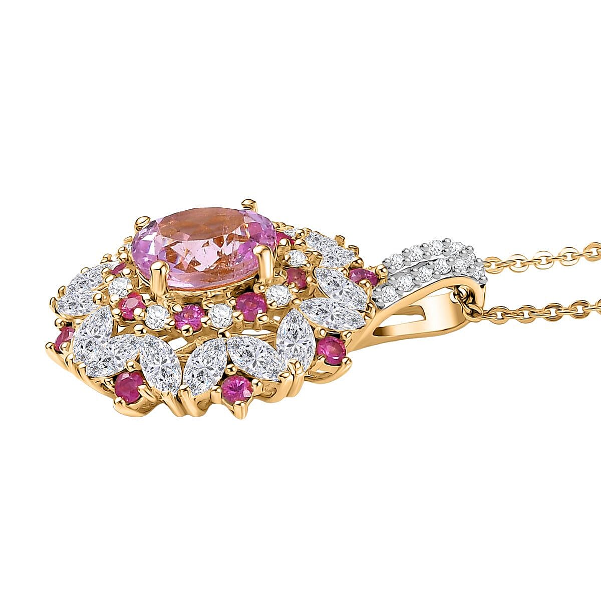 D'Joy Premium Martha Rocha Kunzite, Moissanite and Pink Sapphire Pendant with Chain (Size 20) in 18K Vermeil Yellow Gold Over Sterling Silver 3.34 Ct. 4394211 4