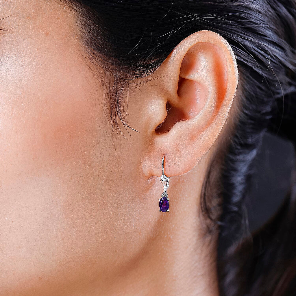 Zambian Amethyst Solitaire Earrings with Lever Back in Platinum Overlay Sterling Silver 0.87 Ct.