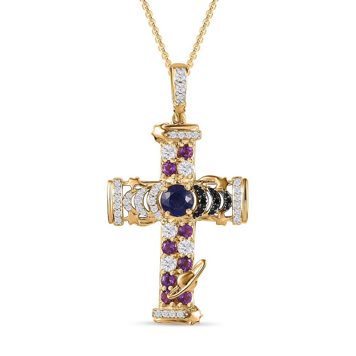 GP Celestial Collection - Masoala Sapphire &amp; Multi Gemstone Cross Pendant with Chain (Size 20) in Platinum Overlay Sterling Silver 4248647 0