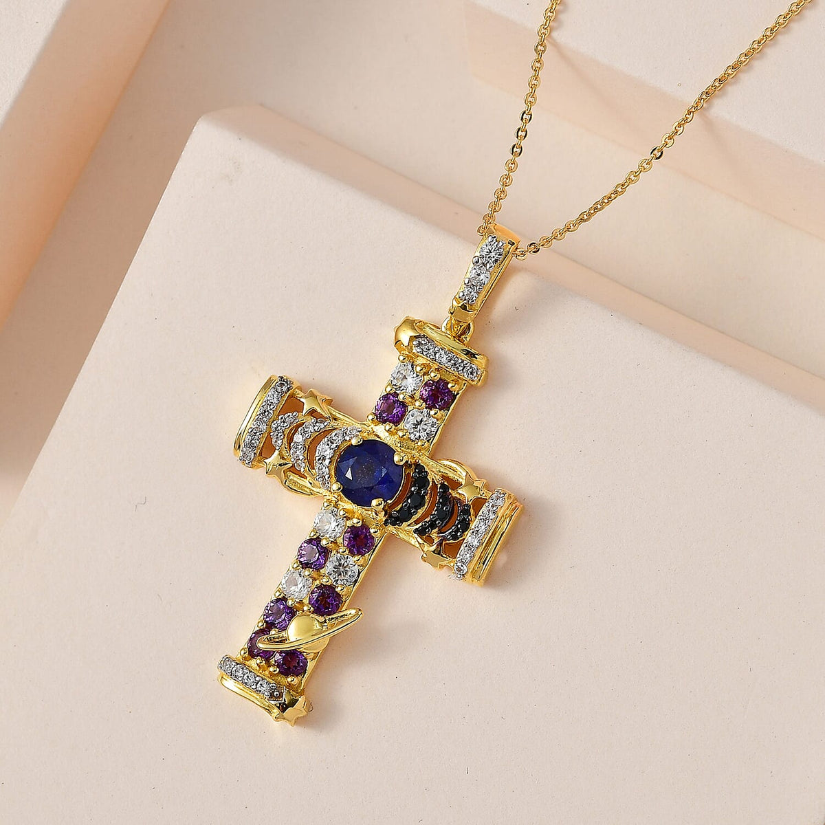GP Celestial Collection - Masoala Sapphire &amp; Multi Gemstone Cross Pendant with Chain (Size 20) in Platinum Overlay Sterling Silver 4248647 3