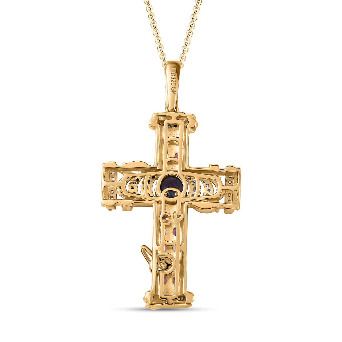 GP Celestial Collection - Masoala Sapphire &amp; Multi Gemstone Cross Pendant with Chain (Size 20) in Platinum Overlay Sterling Silver 4248647 5